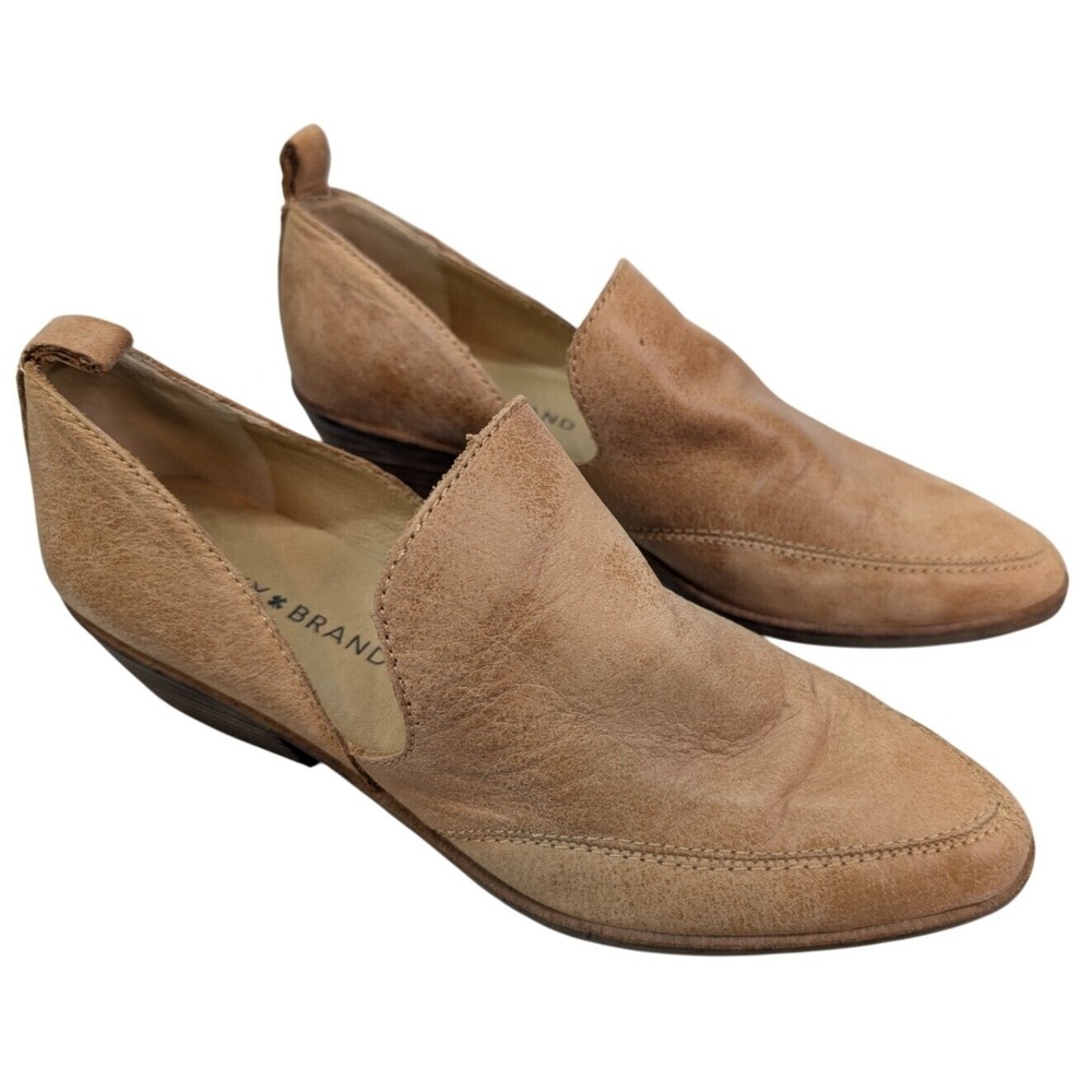Lucky Brand Mahzan Shoes Womens Sz 6.5M Leather Tan Suede Slip On Loafer Pointed